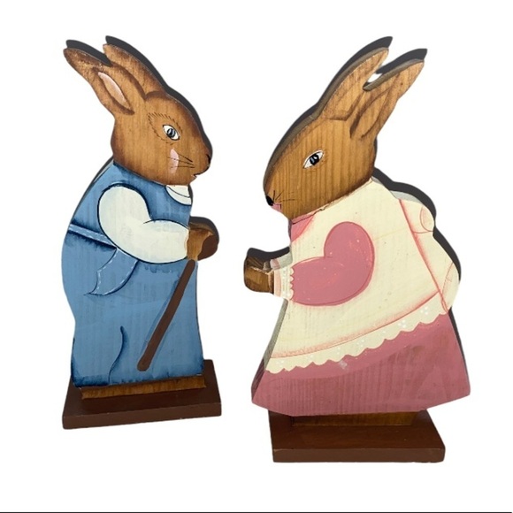 Set of two Vintage Handpainted Easter Bunny Wooden Figurine Bunnies - Picture 1 of 6